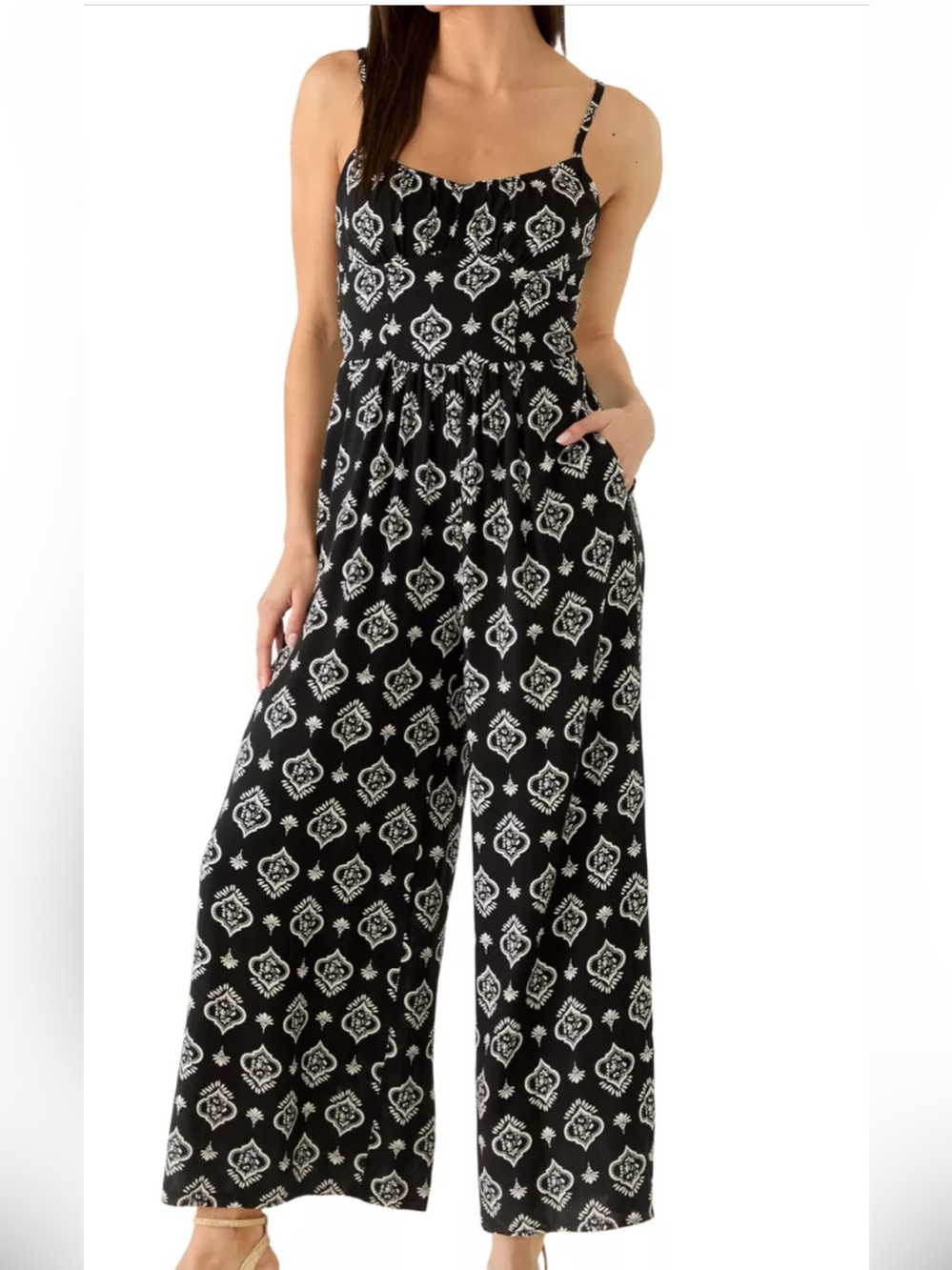 Black Printed Adjustable Spaghetti-Strap One Piece